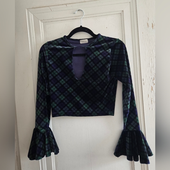 Green and blue plaid velvet top - Picture 1 of 3